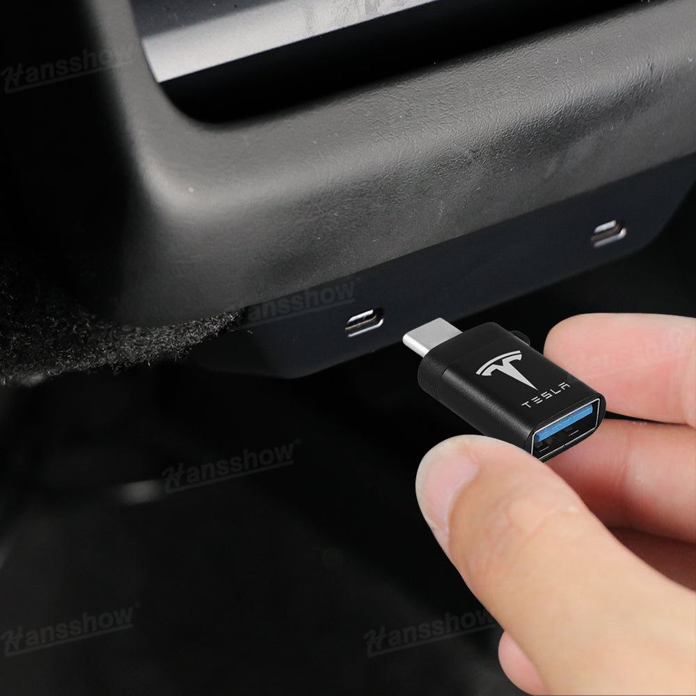 Type-C to USB Adapter with TESLA Logo for Tesla Model Y Juniper - showing USB ports