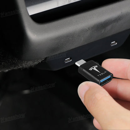 Type-C to USB Adapter with TESLA Logo for Tesla Model Y Juniper - showing USB ports