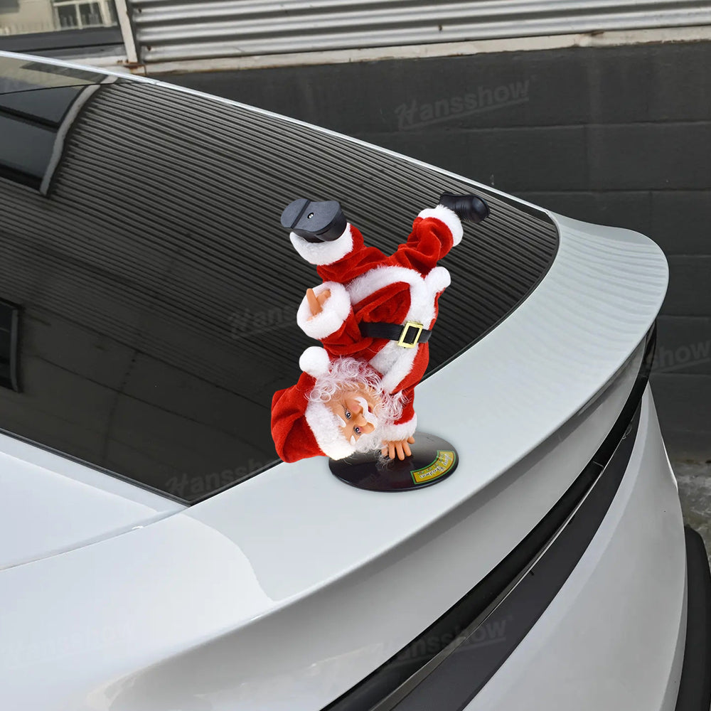 Santa Claus performing breakdance in Tesla Model Y trunk
