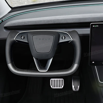 Model Y Juniper Yoke Steering Wheel detailed view of dual-side leather