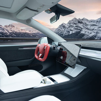 Model Y/3 Red Yoke Steering Wheel in real carbon fiber interior view