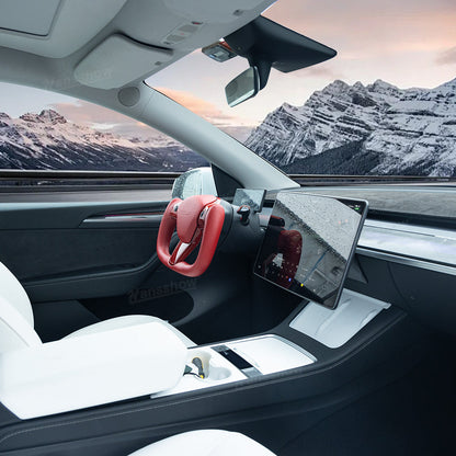 Model Y/3 Red Yoke Steering Wheel in real carbon fiber interior view