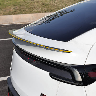 Detailed view of carbon fiber texture on Model Y Juniper Spoiler