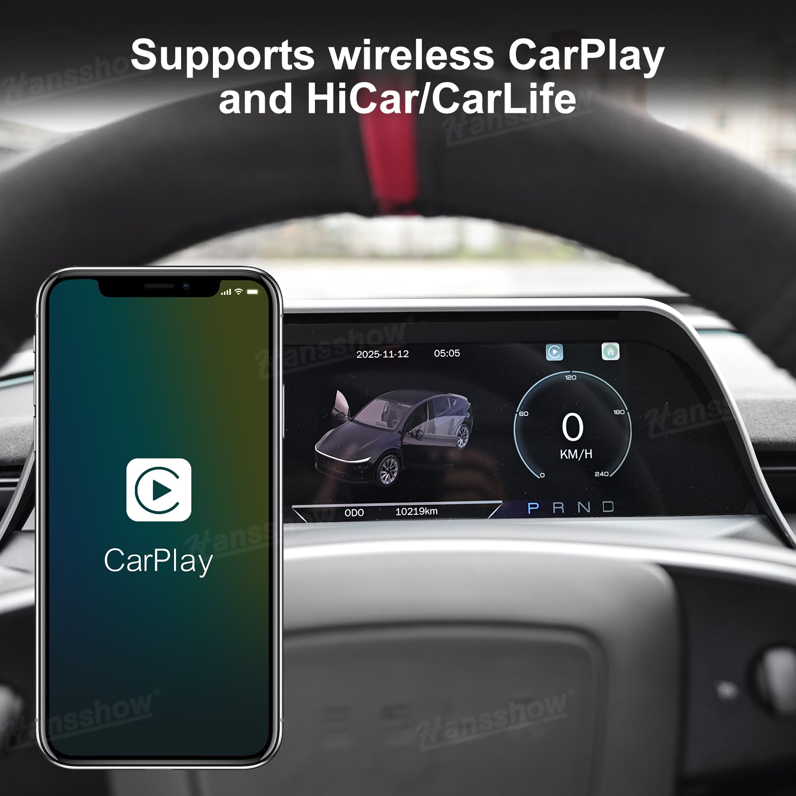 Close-up of APEX 8.9-Inch CarPlay Screen display for Tesla Model Y