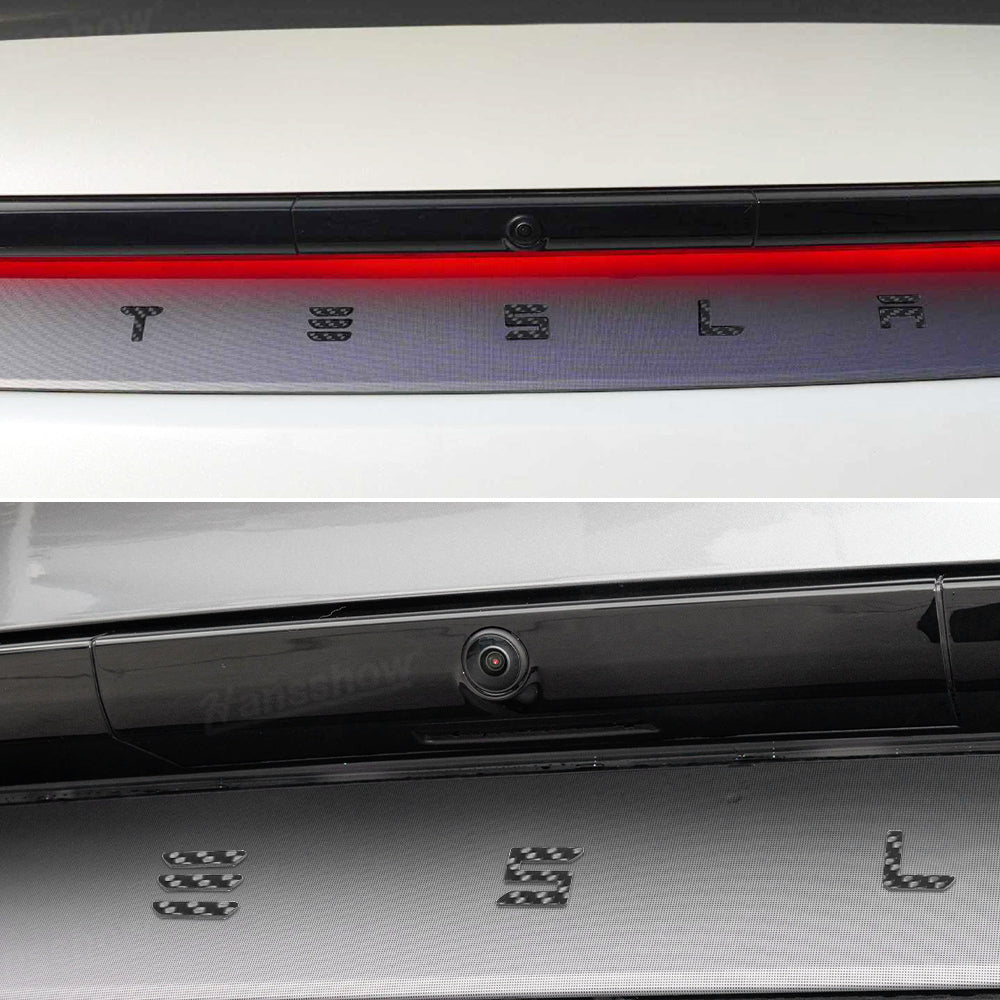 Model Y Juniper Carbon Fiber Emblem side angle view