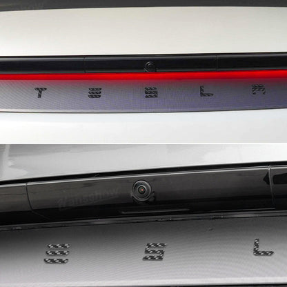 Model Y Juniper Carbon Fiber Emblem side angle view