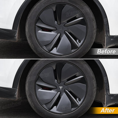 Model Y Juniper/3 Highland 3D Wheel Hub Center Cap Emblem installed on wheel