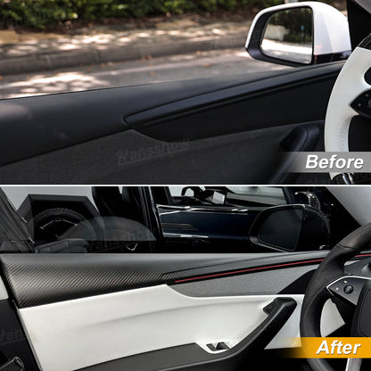 Close-up of Model Y Juniper Door Panel with carbon fiber texture