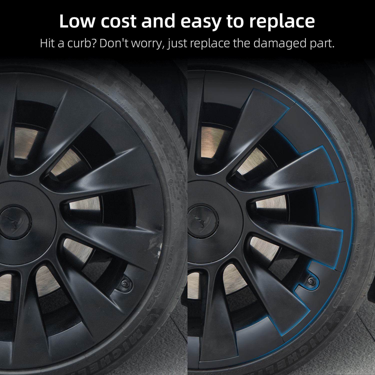 Installed view of Model Y 20-Inch Wheel Hub Protector Covers on Tesla