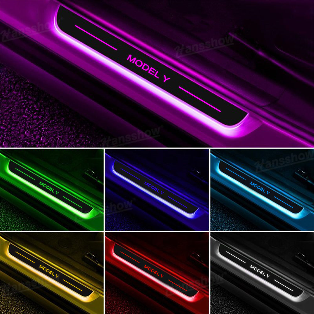 Model Y Juniper RGB Door Sill Plates close-up of lighting