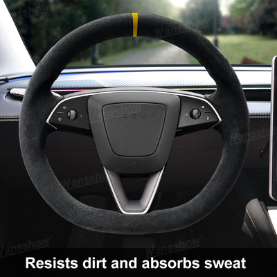 Model Y Juniper/3 Highland Premium Alcantara Steering Wheel Cover - close-up of material