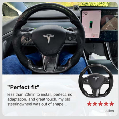Model 3/Y Carbon Fiber Steering Wheel D-Shaped Round WIth Perforated Grip...