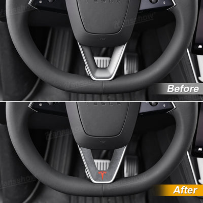 Model Y Juniper Alcantara Trim Cover installed on steering wheel