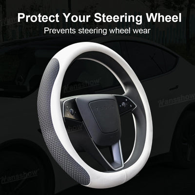 Model Y Juniper Steering Wheel Wrap installed on steering wheel