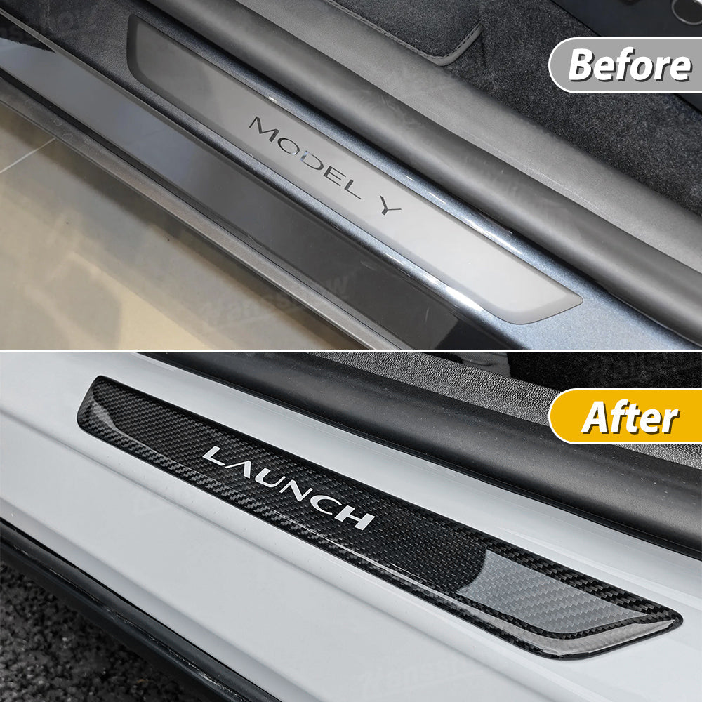Model Y Juniper Real Carbon Fiber Door Sills detailed close-up