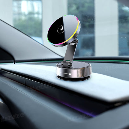 Wireless Charger Phone Holder with RGB Ambient Lighting for Tesla Model Y - charging an iPhone