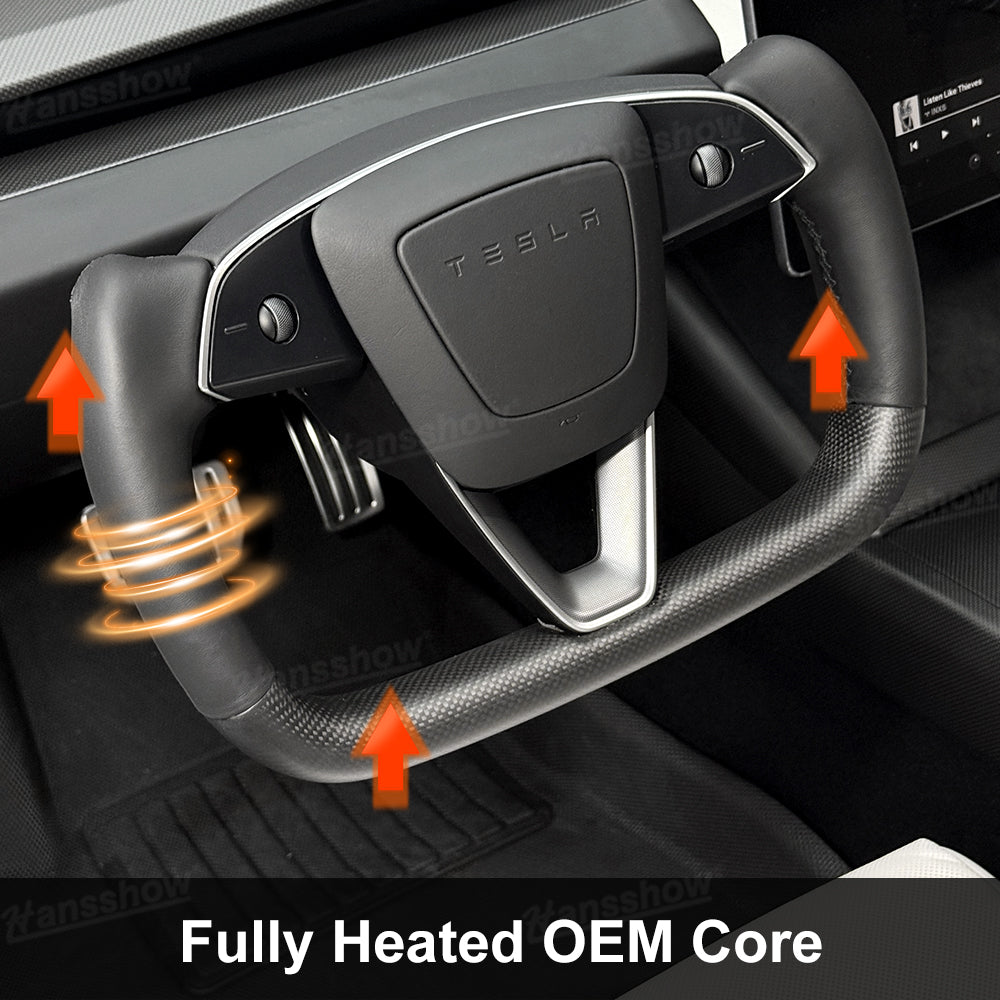 Model Y Juniper Yoke Steering Wheel side angle showcasing carbon fiber trim