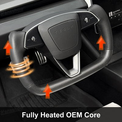Model Y Juniper Yoke Steering Wheel side angle showcasing carbon fiber trim