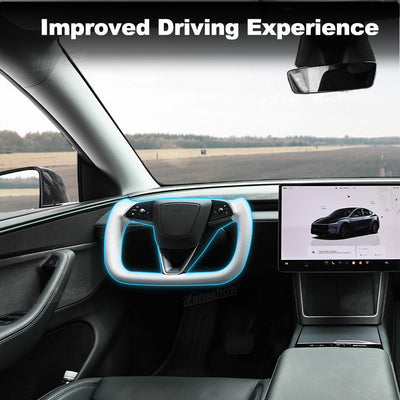 Model Y Juniper Yoke Steering Wheel Alcantara / Nappa Leather Driving Wheel - side angle