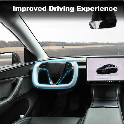 Model Y Juniper Yoke Steering Wheel Alcantara / Nappa Leather Driving Wheel - side angle