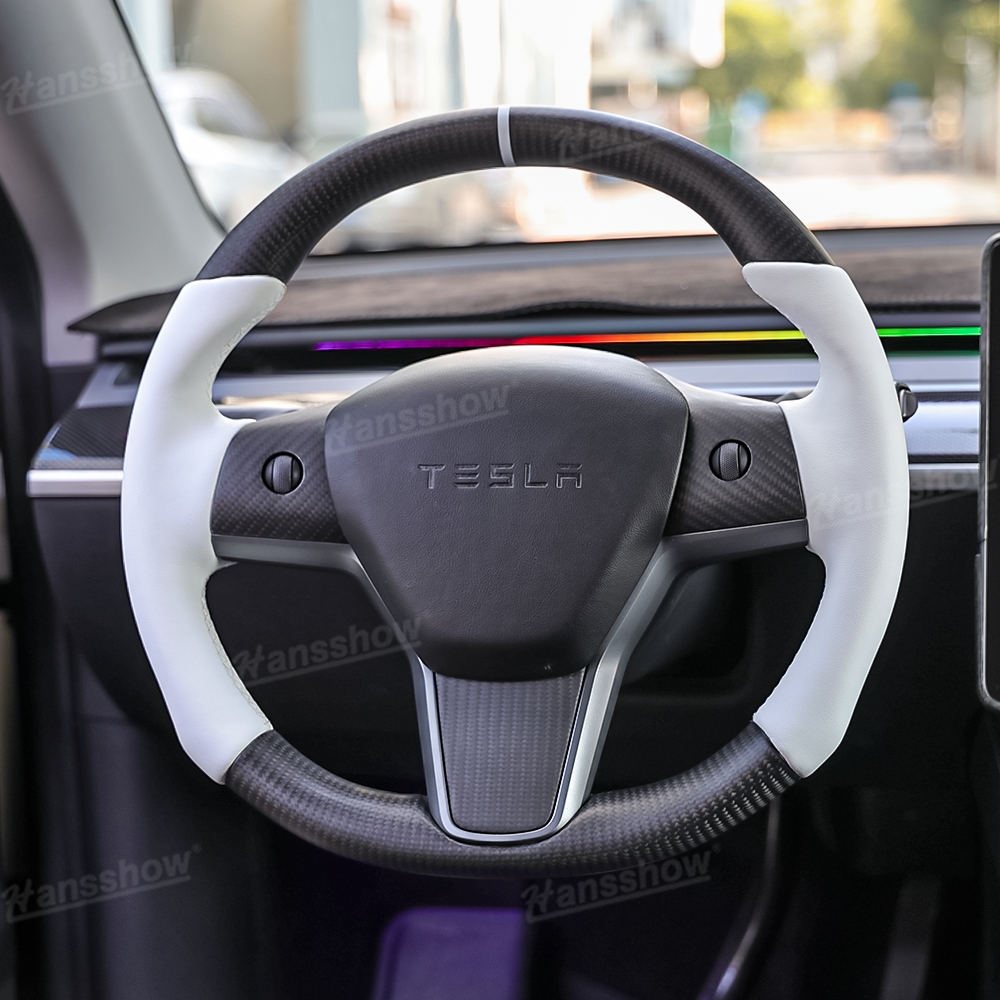 Real Carbon Fiber Round Steering Wheel for Tesla Model Y/3 - Installed in Vehicle