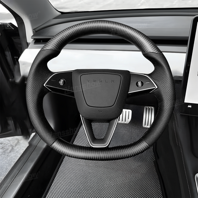 Model Y Juniper Steering Wheel Upper & Lower Carbon Fiber Left & Right Leather - Side Angle