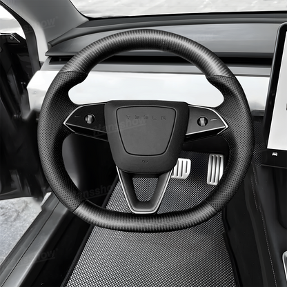 Model Y Juniper Steering Wheel Upper & Lower Carbon Fiber Left & Right Leather - Side Angle