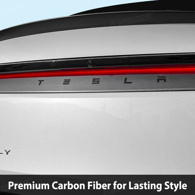 Model Y Juniper Carbon Fiber Tailgate Emblem close-up detail
