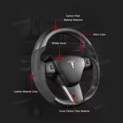 Model Y/3 Real Carbon Fiber Sport Round Steering Wheel Heated - close-up of material