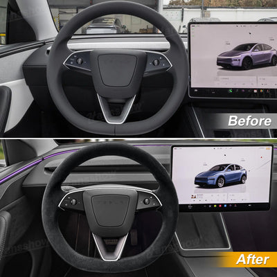 Model Y Juniper/3 Highland Premium Alcantara Steering Wheel Cover - installed on steering wheel