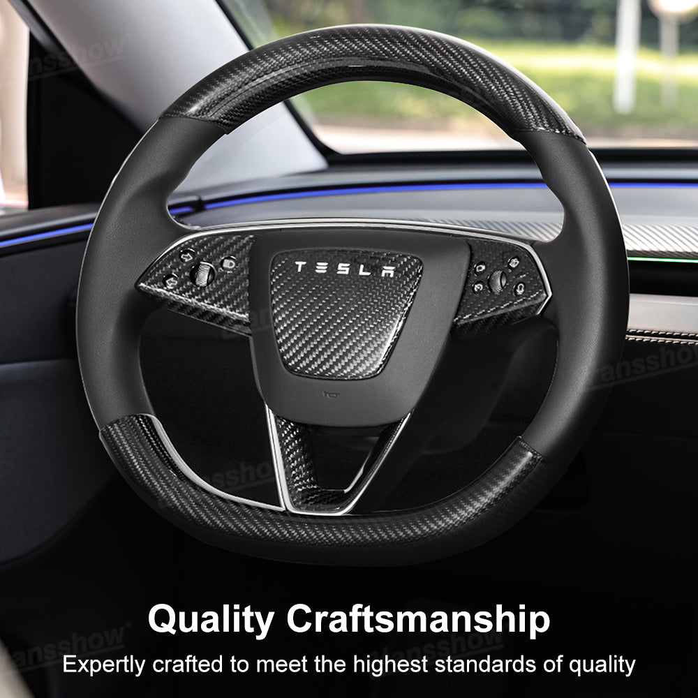 Model Y Juniper Real Carbon Fiber Steering Wheel Trim Kit button frame view