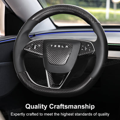 Model Y Juniper Real Carbon Fiber Steering Wheel Trim Kit button frame view