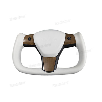 Tesla Model Y Yoke Steering Wheel In Wood Grain With Nappa - lifestyle shot inside vehicle