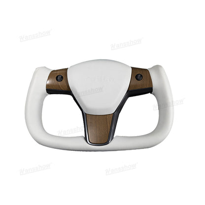 Tesla Model Y Yoke Steering Wheel In Wood Grain With Nappa - lifestyle shot inside vehicle