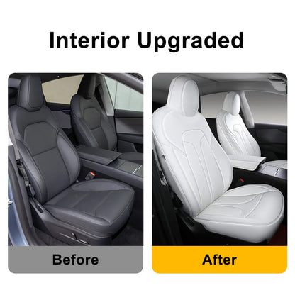 Model Y Juniper Upgrade Seat Covers with Bold 'T' Emblem - Installed on Driver Seat