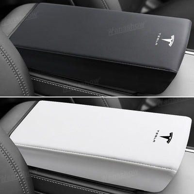 Model Y Juniper Armrest Cover on console with natural lighting