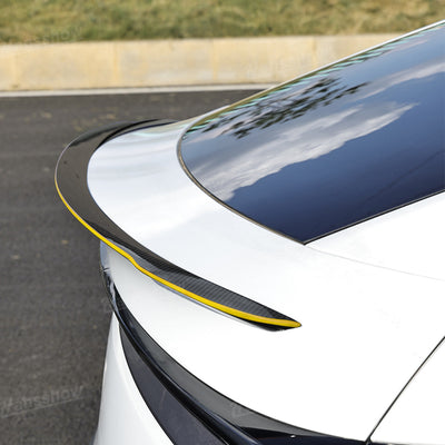 Model Y Juniper Spoiler Real Carbon Fiber Wing Yellow-Edged Glossy Rear View