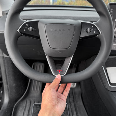 Model Y Juniper Alcantara Trim Cover on black steering wheel