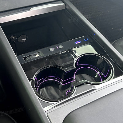 Model Y Juniper Center Console Cup Holder with Ambient Light - Interior View