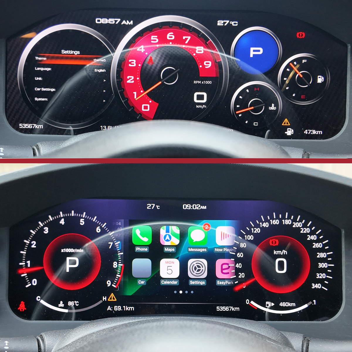 APEX digital cluster installed in a Nissan 370Z, two theme layouts