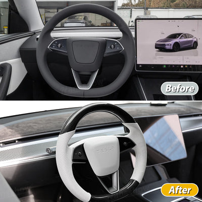 Model Y Juniper Steering Wheel Carbon Fiber Style top view