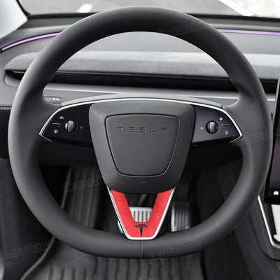 Model Y Juniper Alcantara Trim Cover with T Logo detail