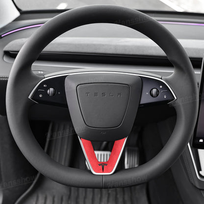 Model Y Juniper Alcantara Trim Cover with T Logo detail