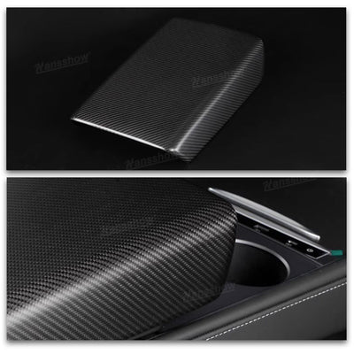 Model Y/3 Armrest Box Cover Real Carbon Fiber Close-Up
