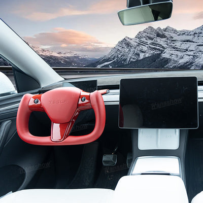 Model Y/3 Red Yoke Steering Wheel in real carbon fiber close-up