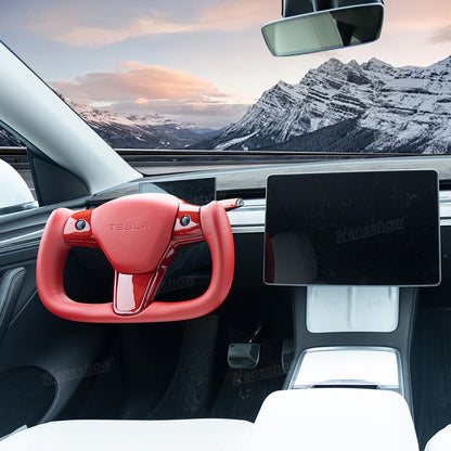 Model Y/3 Red Yoke Steering Wheel in real carbon fiber close-up