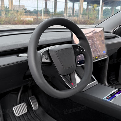 Model Y Juniper Alcantara Trim Cover with T Logo close-up