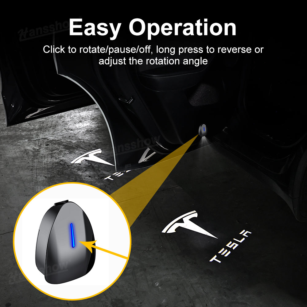 Close-up of LED illumination from Welcome Door Projector Lights for Tesla Model Y