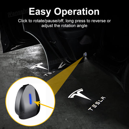 Close-up of LED illumination from Welcome Door Projector Lights for Tesla Model Y