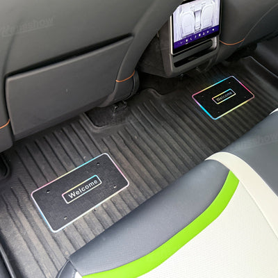 Model Y Juniper LED Floor Mat Lights with Tesla Logo - nighttime ambiance